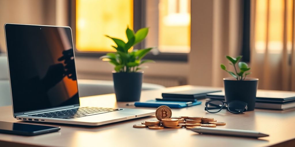 Modern workspace with laptop and cryptocurrency coins.