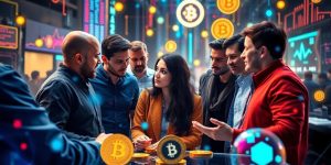 Group discussing cryptocurrency strategies amidst a vibrant backdrop.