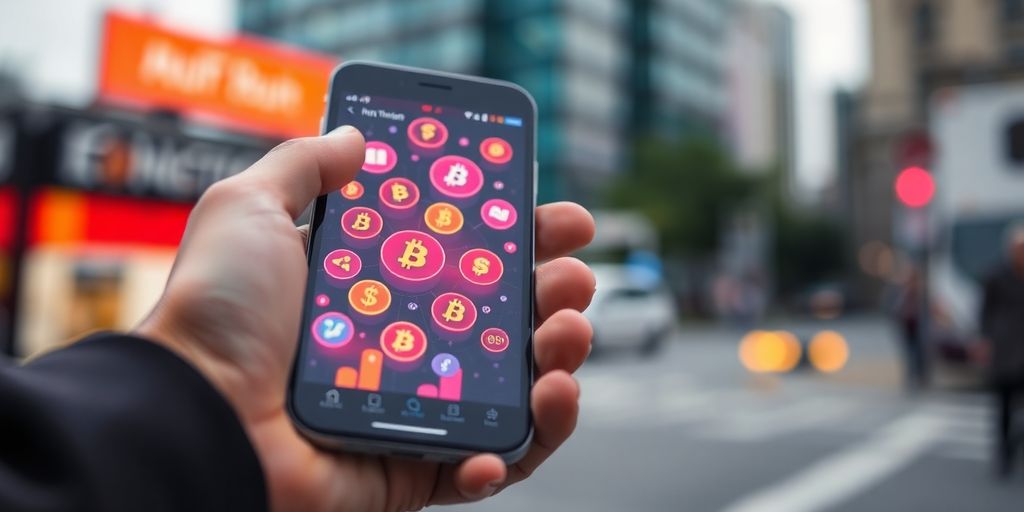 Hand holding smartphone with cryptocurrency icons visible.